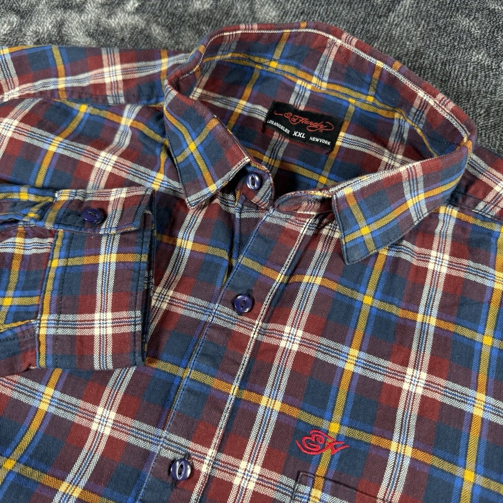 Ed Hardy Men’s Size XXL Plaid Shirt Red Blue Button-Up Embroidered Initials